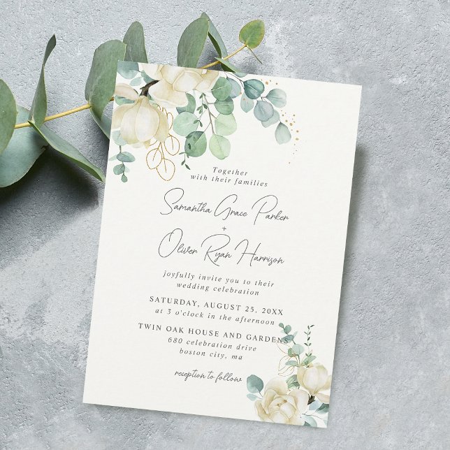 Invitation Elégant blanc Magnolia Eucalyptus Bouquet Mariage (Elegant White Magnolia Eucalyptus Bouquet Wedding Invitation)