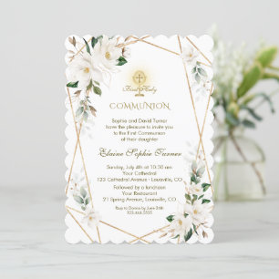 Invitation Élégant blanc Magnolia Or Première Communion saint