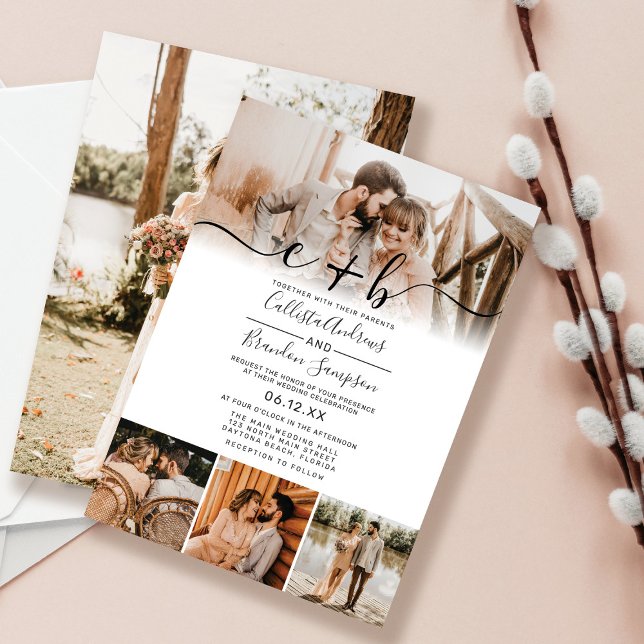 Invitation Élégant blanc noir photo Monogramme Mariage Invita (Créateur téléchargé)