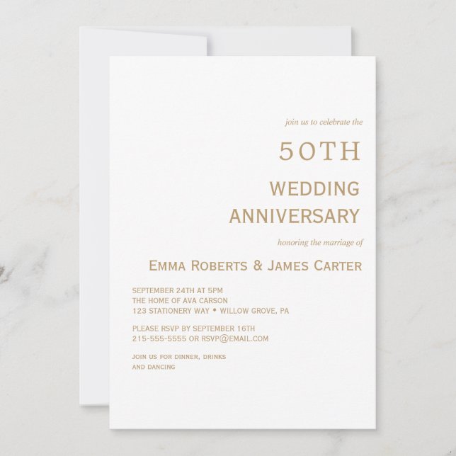 Invitation Élégant Blanc & Or 50e Anniversaire  (Devant)