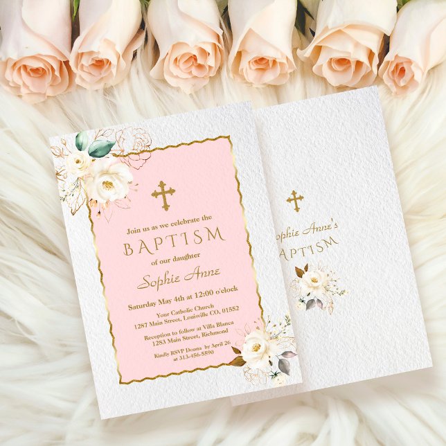 Invitation Élégant Blanc Or Floral Croix Fille Baptême (modern white flowers baptism, trendy elegant white floral gold girl baptism, floral girl baptism)