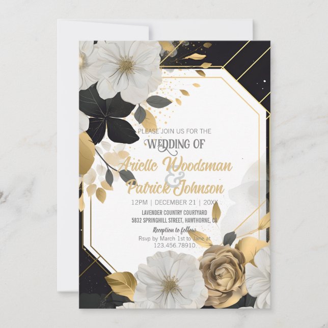 Invitation Elégant Blanc Or Floral Mariage Black Frame (Devant)