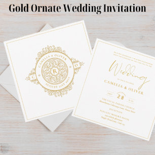 Invitation Elégant Blanc Or Ornate Carré Classic I