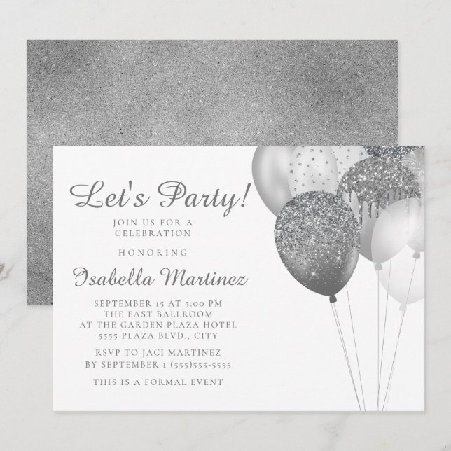 Invitation Elégant blanc Parties scintillant argent Ballons d (Devant / Derrière)