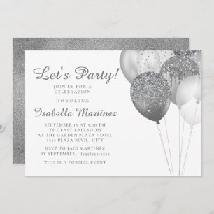Invitation Elégant blanc Parties scintillant argent Ballons d