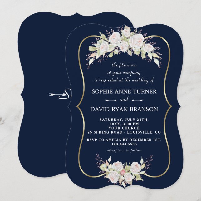 Invitation Elégant blanc rose Roses Marine Mariage bleu or (Devant / Derrière)