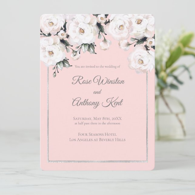 Invitation Elégant blanc Roses Argent Frame rose Mariage (Debout devant)
