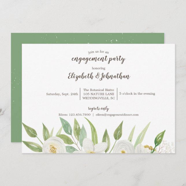 Invitation Elégant blanc & vert Aquarelle Fiançailles floral (Devant / Derrière)