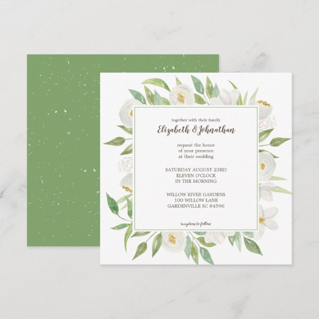 Invitation Elégant blanc & vert Aquarelle Mariage floral (Devant / Derrière)