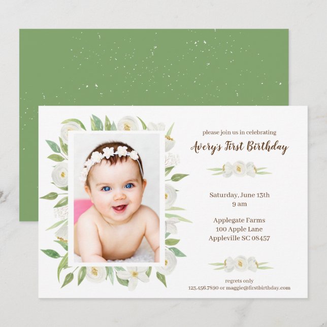 Invitation élégant Blanc & Vert Floral Baby's 1er anniversair (Devant / Derrière)