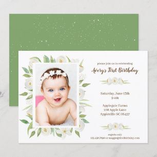 Invitation élégant Blanc & Vert Floral Baby's 1er anniversair