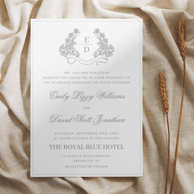 Invitation Élégant blason botanique argent héritage mariage  (Créateur téléchargé)