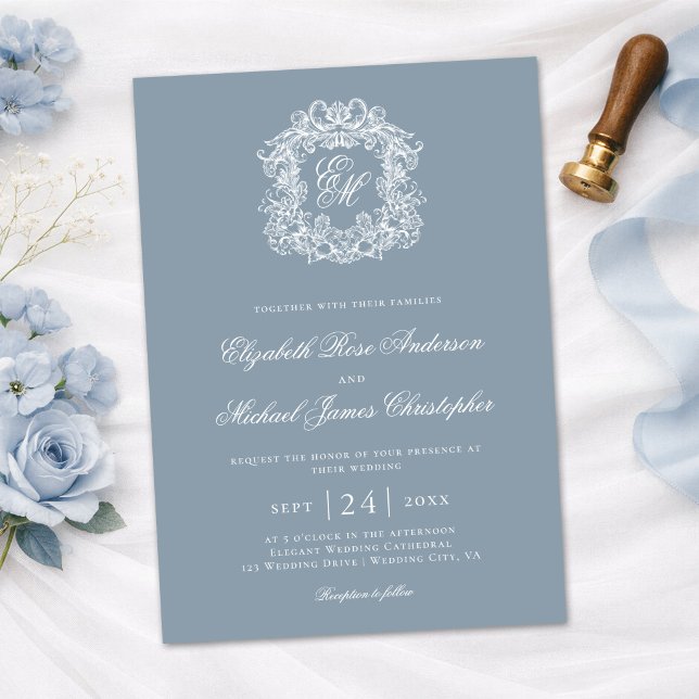 Invitation Élégant blason de mariage monogramme bleu poussiér (Créateur téléchargé)