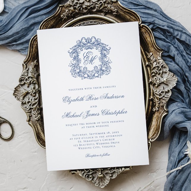 Invitation Élégant Blason de Monogramme Bleu Français Mariage (Créateur téléchargé)