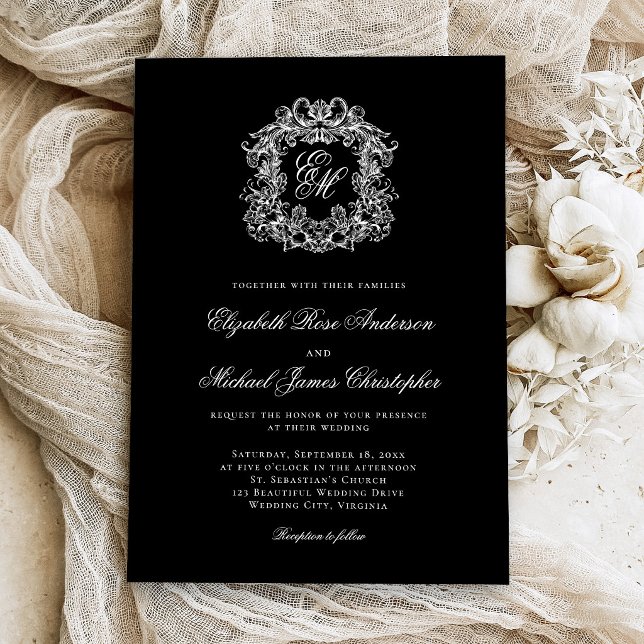 Invitation Élégant blason monogramme noir mariage (Créateur téléchargé)