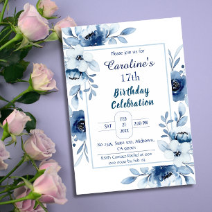 Invitation Elégant bleu 17ème anniversaire tonalités florales