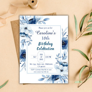 Invitation Elégant bleu 18ème anniversaire tons floral bleu