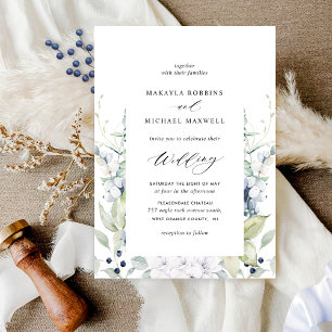 Invitation Elégant bleu aquarelle Floral avec Mariage vert