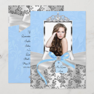 Invitation Élégant Bleu Argent Arc & Rose Photo Quinceanera