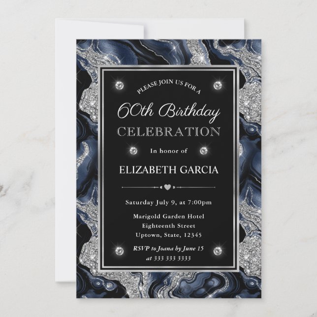 Invitation Elégant bleu & argent Parties scintillant Agate 60 (Devant)