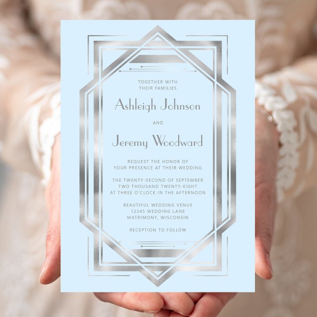 Invitation Élégant Bleu Bébé Argent Décoration de Mariage Vin (Créateur téléchargé)