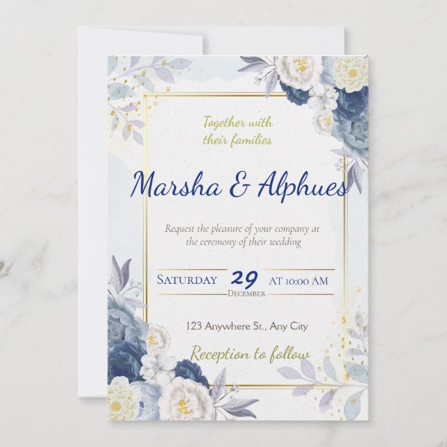 Invitation Elégant bleu, blanc et or Floral Mariage Invit (Devant)