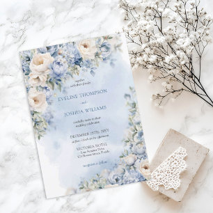 Invitation Elégant bleu & blanc roses mariage d'or eucalyptus