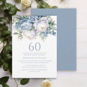 Invitation Elégant bleu bleu blanc floral 60e anniversaire