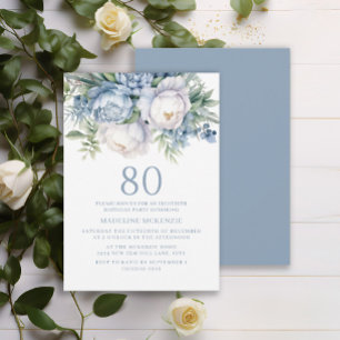 Invitation Elégant bleu bleu blanc floral 80e anniversaire