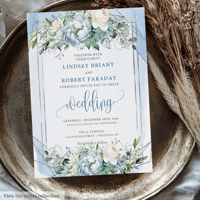 Invitation Elégant bleu bleu blanc peonies d'argent Mariage (Elegant Dusty Blue White Silver Peonies Wedding Invitation)
