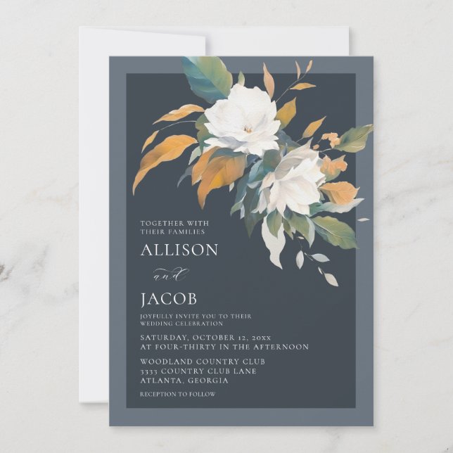 Invitation Elégant bleu bleu bleu blanc Mariage floral (Devant)
