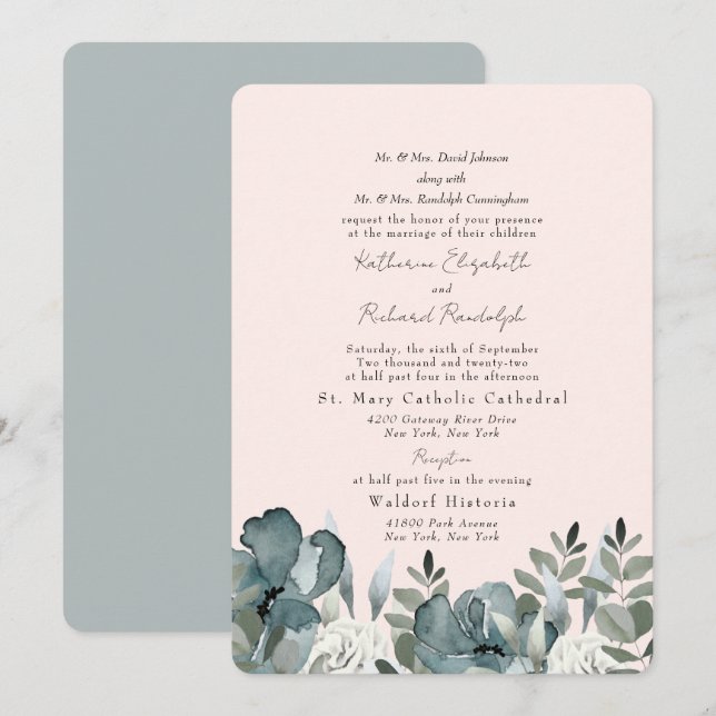 Invitation Elégant bleu bleu bleu floral et Mariage blanc (Devant / Derrière)
