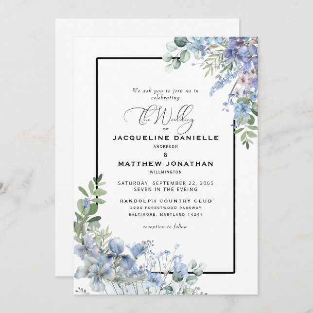 Invitation Elégant bleu bleu bleu floral Mariage (Devant / Derrière)