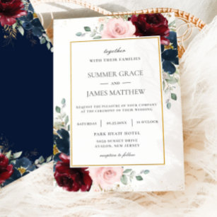Invitation Élégant Bleu Bleu Bourgogne Rose Mariage Floral