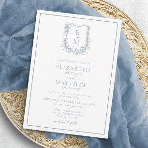 Invitation Elégant bleu bleu floral Crest Mariage