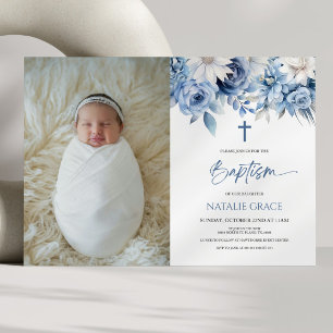 Invitation Elégant bleu bleu floral personnalisé photo Baptêm