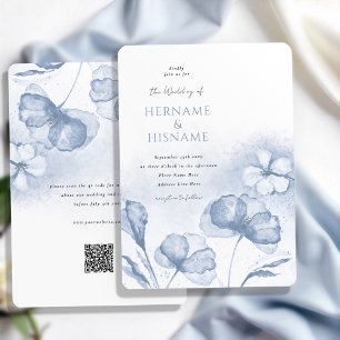 Invitation Elégant bleu bleu floral QR Mariage RSVP