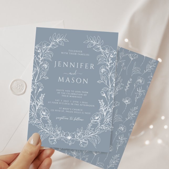 Invitation Elégant bleu bleu floral wreath mariage bohème (Créateur téléchargé)