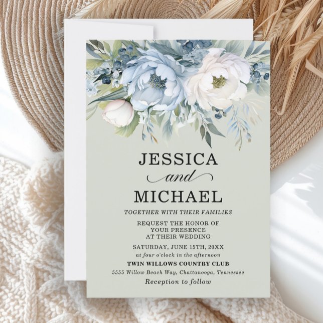 Invitation Elégant bleu bleu ivoire floral Sage vert (Elegant dusty blue and white floral on mint green wedding invitation)