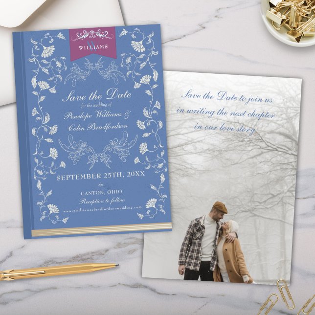 Invitation Élégant Bleu Bleu Lumière Mariage Enregistrer la d (Elegant Periwinkle Light Blue Vintage Library Book Cover Theme Wedding Save the Date Invitation)