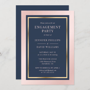 Invitation Élégant Bleu bleu marine et Gold Engagement Party