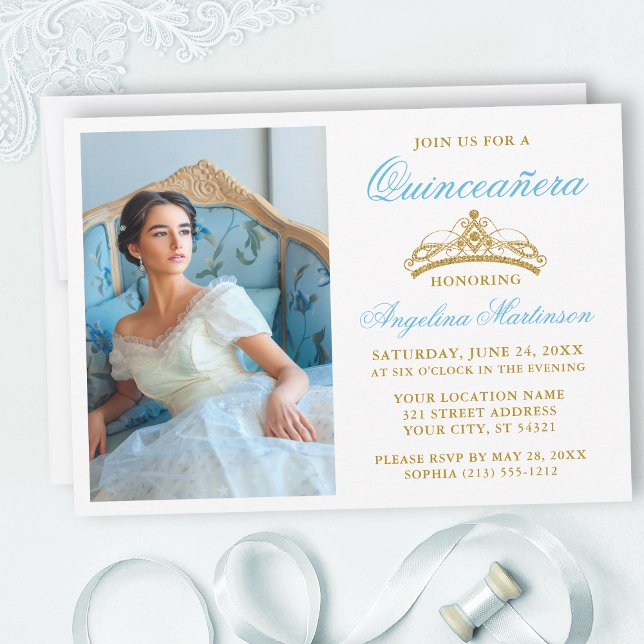 Invitation Elégant Bleu Bleu Or Couronne photo Quinceanera (Customize to change text size, style, color or to add text or more photos to back of card.)