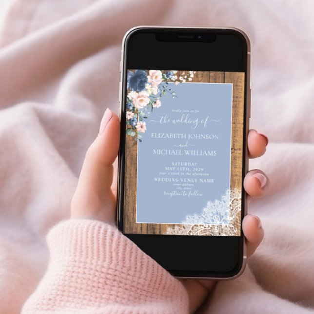 Invitation Elégant bleu bleu roux Rustique Mariage de dentell (Créateur téléchargé)