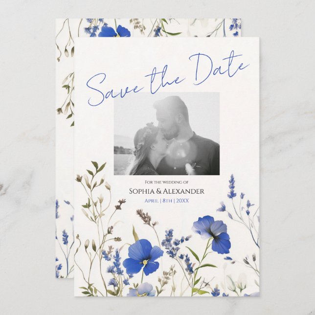 Invitation Elégant bleu Boho Fleurs sauvages photo Enregistre (Devant / Derrière)