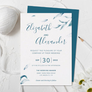 Invitation Elégant bleu botanique aquarelle simple mariage