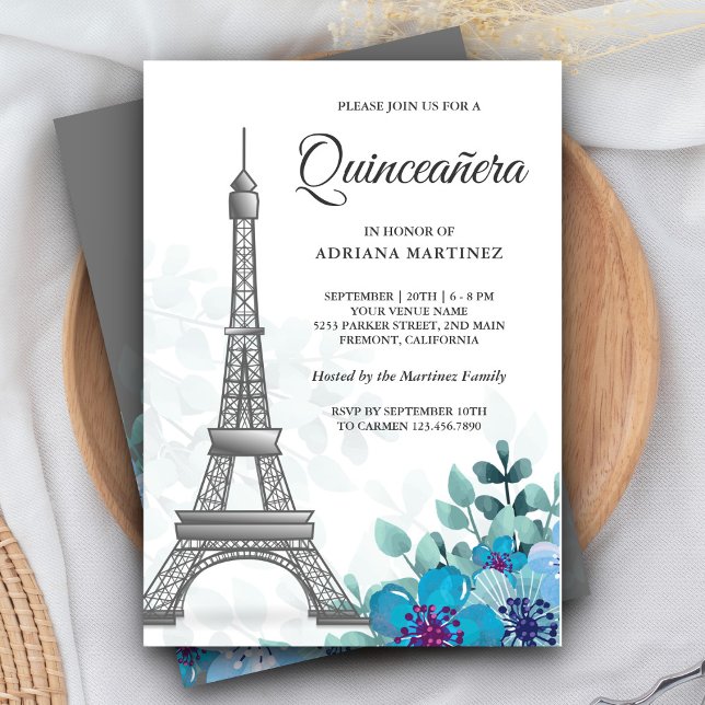 Invitation Elégant Bleu Chic Floral Tour Eiffel Quinceanera (Créateur téléchargé)