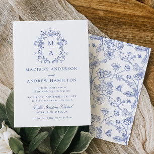 Invitation Élégant Bleu Chinoiserie Floral Victorian Mariage