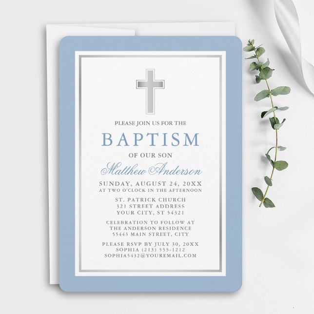 Invitation Élégant Bleu clair et Baptême argenté (Customize to change text color, size, style or to change color of back of card.)