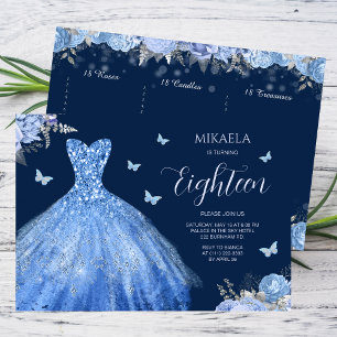 Invitation Elégant bleu clair Gown Floral 18e anniversaire