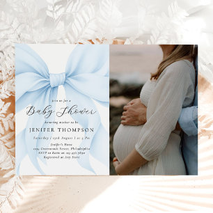 Invitation Elégant bleu Coquette Bow Girl Baby shower photo